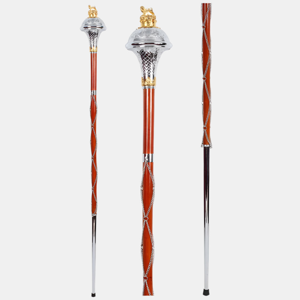 Drum Major Mace Gold Chrome Embossed Head With Lion & Crown